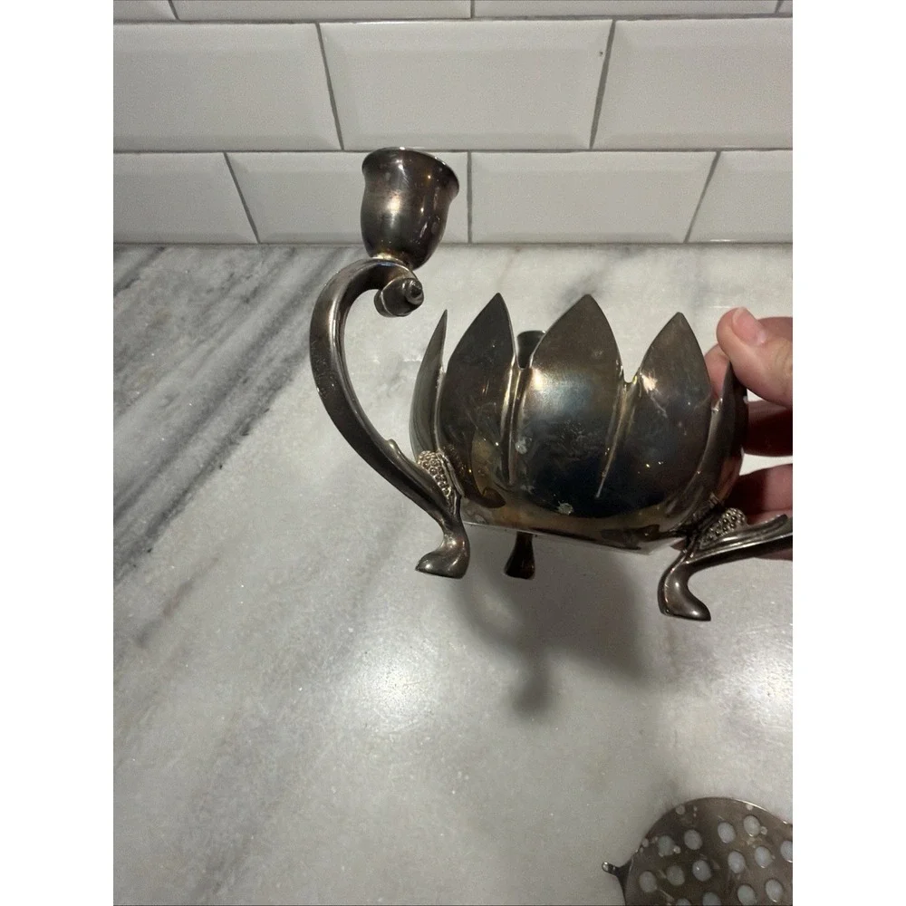 Leonard Silver plate 3 Candle Holder Lotus Vase With Original Frog Vintage 1970s